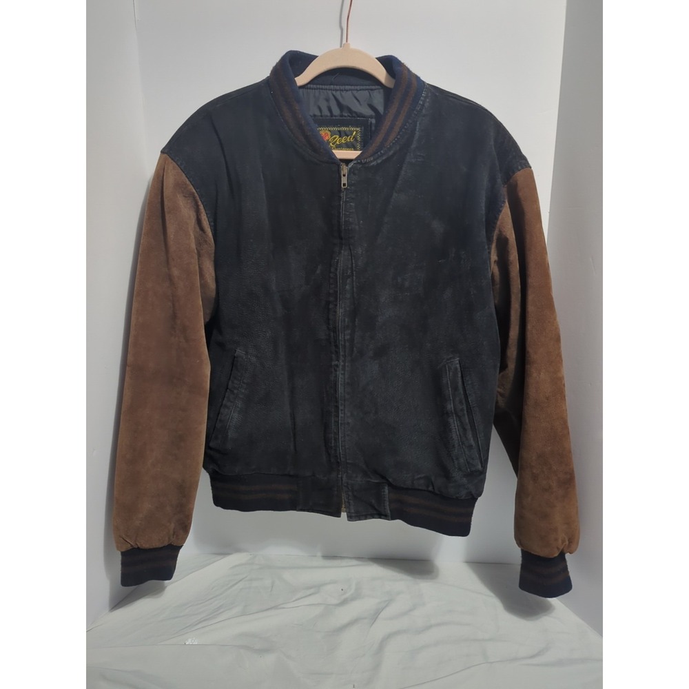 Vtg Reed Mens Two Tone Suede Leather Bomber Jacket 90s Varsity Charcoal & Brown